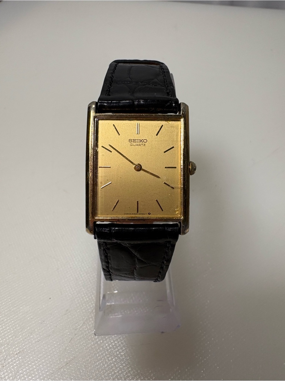 Seiko Gold Square Dial Watch with Black Leather Strap Vintage